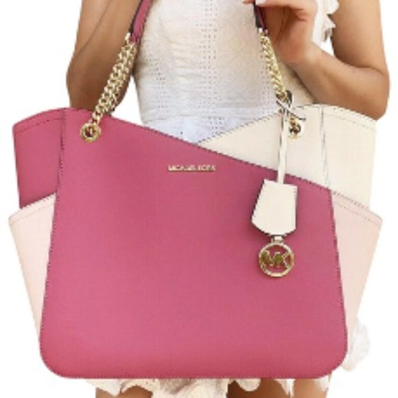 NWT Michael Kors Jet Set Leather Shoulder Bag Tote Pink Gold Chain Ivory Blush - Picture 16 of 16